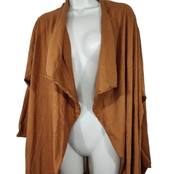 Unbranded Brown Long Sleeve Open Front Jersey Knit Jacket Women One Size Belted - Picture 2 of 3